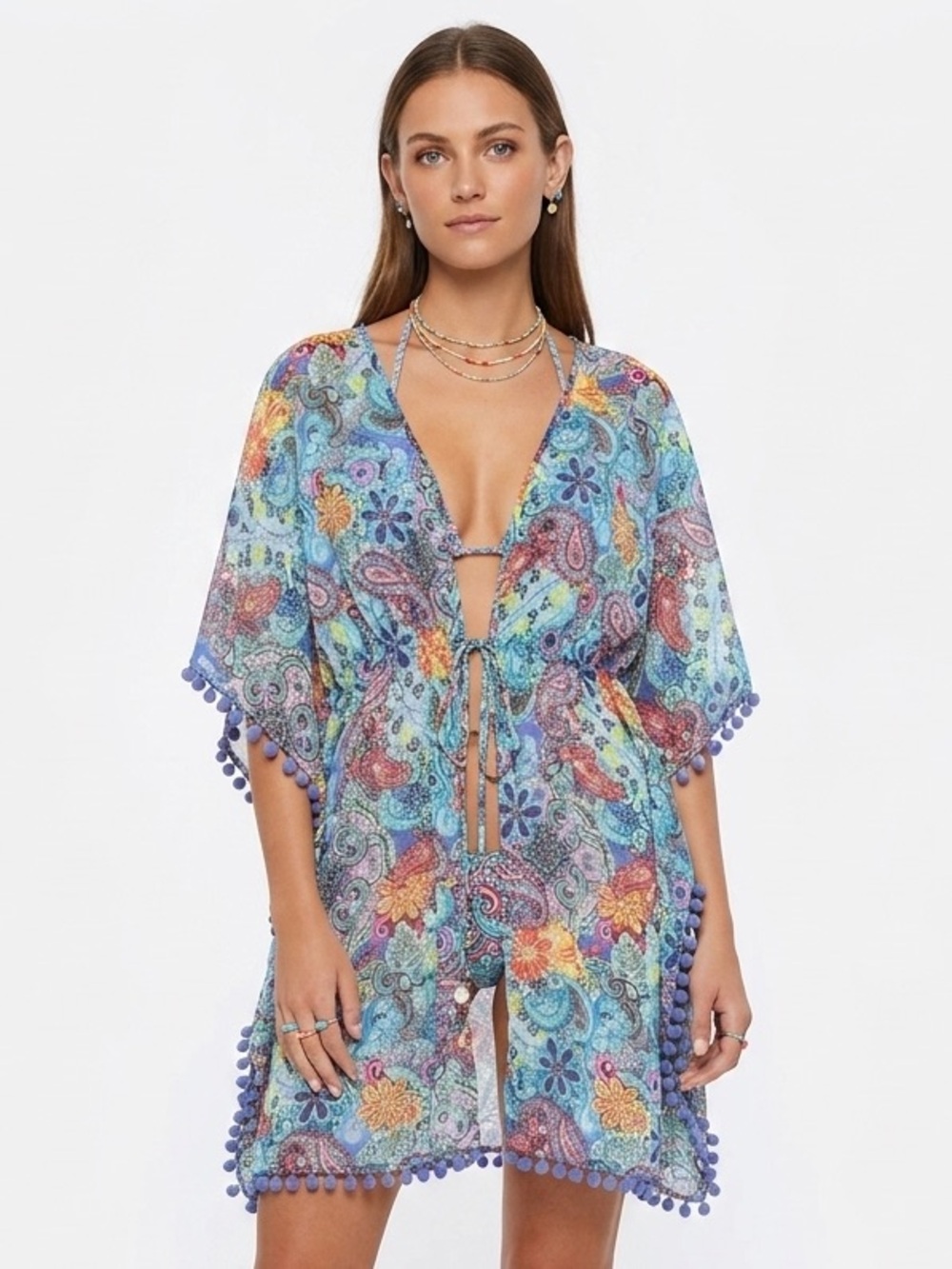 Bleu Rod Beattie Aqua Paisley Pom-Pom Kimono Cover-Up - Picture 1 of 9